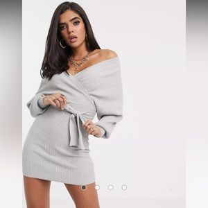 Parallel Lines Mini Wrap Sweater Dress with Cut Out Back
